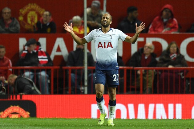 Tottenham Hotspur's Brazilian midfielder Lucas Moura celebrates scoring their second goal during the English Premier League football match between Manchester United and Tottenham Hotspur at Old Trafford in Manchester, north west England, on August 27, 2018. (Photo by Oli SCARFF / AFP) / RESTRICTED TO EDITORIAL USE. No use with unauthorized audio, video, data, fixture lists, club/league logos or 'live' services. Online in-match use limited to 120 images. An additional 40 images may be used in extra time. No video emulation. Social media in-match use limited to 120 images. An additional 40 images may be used in extra time. No use in betting publications, games or single club/league/player publications. /         (Photo credit should read OLI SCARFF/AFP/Getty Images)