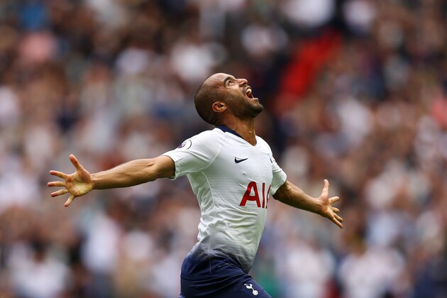 LONDON, ENGLAND - AUGUST 18:  Lucas Moura of Tottenham Hotspur celebrates after scoring his team's first goal during the Premier League match between Tottenham Hotspur and Fulham FC at Wembley Stadium on August 18, 2018 in London, United Kingdom.  (Photo by Dan Istitene/Getty Images)
