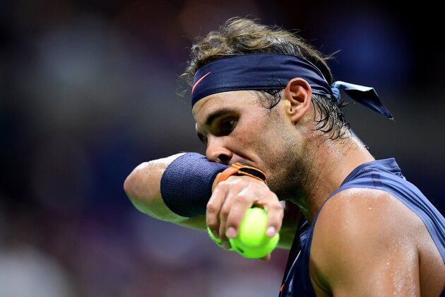 NEW YORK, NY - AUGUST 27:  Rafael Nadal of Spain reacts during his men's singles first round match against David Ferrer of Spain on Day One of the 2018 US Open at the USTA Billie Jean King National Tennis Center on August 27, 2018 in the Flushing neighborhood of the Queens borough of New York City.  (Photo by Sarah Stier/Getty Images)
