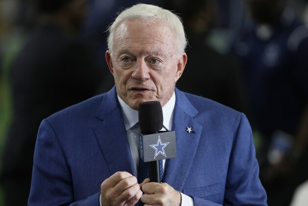 Dallas Cowboys owner Jerry Jones speaks before an preseason NFL Football game in Arlington, Texas, Saturday, Aug. 18, 2018. (AP Photo/Ron Jenkins)