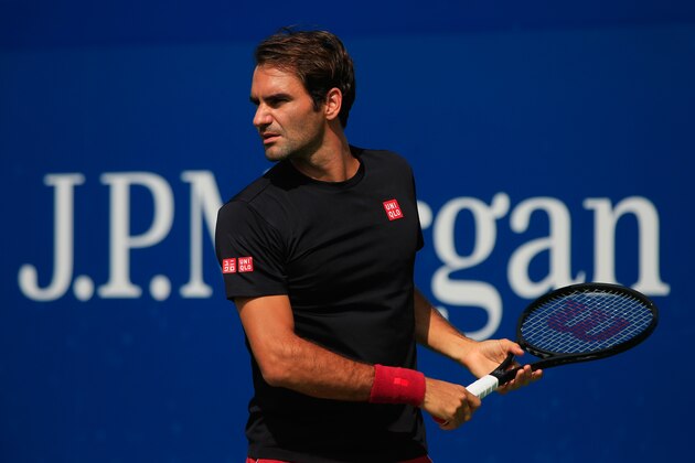 NEW YORK, NY - AUGUST 26:  Roger Federer of Switzerland trains prior to the start of the 2018 US Open at the USTA Billie Jean King National Tennis Center on August 26, 2018 in the Flushing neighborhood of the Queens borough of New York City.  (Photo by Chris Trotman/Getty Images for USTA)