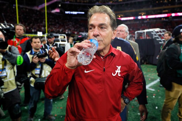 ATLANTA, GA - JANUARY 08:  Head coach Nick Saban of the Alabama Crimson Tide celebrates beating the Georgia Bulldogs in overtime to win the CFP National Championship presented by AT&T at Mercedes-Benz Stadium on January 8, 2018 in Atlanta, Georgia. Alabama won 26-23.  (Photo by Kevin C. Cox/Getty Images)