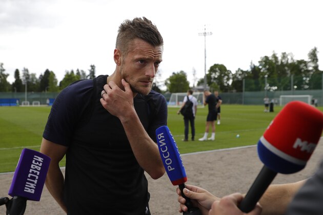 England's Jamie Vardy speaks to the Russian media following a training session for the England team at the 2018 soccer World Cup in the Spartak Zelenogorsk stadium, Zelenogorsk near St. Petersburg, Russia, Wednesday, June 13, 2018. (AP Photo/Alastair Grant)