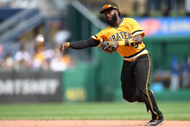 PITTSBURGH, PA - AUGUST 19: Josh Harrison #5 of the Pittsburgh Pirates throws to first base to force out Javier Baez #9 of the Chicago Cubs in the sixth inning during the game at PNC Park on August 19, 2018 in Pittsburgh, Pennsylvania. (Photo by Justin Berl/Getty Images)