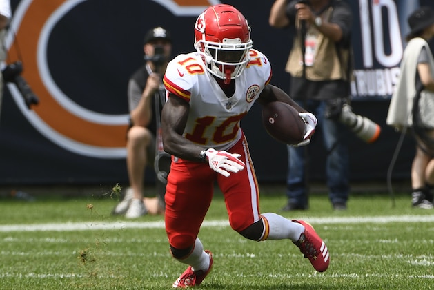 Kansas City Chiefs' Tyreek Hill runs during the first half of a preseason NFL football game against the Chicago Bears Saturday, Aug. 25, 2018, in Chicago. (AP Photo/Matt Marton)