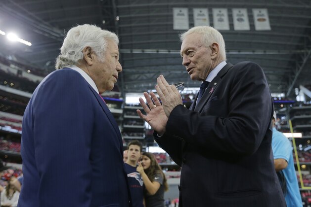 New England Patriots owner Robert Kraft, left, talks with Dallas Cowboys owner Jerry Jones, rightm before an NFL football game, Sunday, Oct. 11, 2015, in Arlington, Texas. (AP Photo/Tim Sharp)