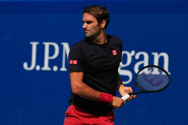 NEW YORK, NY - AUGUST 26:  Roger Federer of Switzerland trains prior to the start of the 2018 US Open at the USTA Billie Jean King National Tennis Center on August 26, 2018 in the Flushing neighborhood of the Queens borough of New York City.  (Photo by Chris Trotman/Getty Images for USTA)