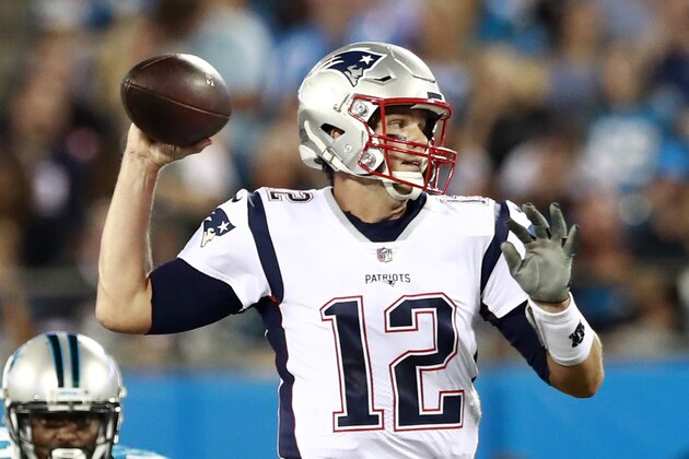New England Patriots' Tom Brady (12) throws a pass against the Carolina Panthers during the first half of a preseason NFL football game in Charlotte, N.C., Friday, Aug. 24, 2018. (AP Photo/Jason E. Miczek)