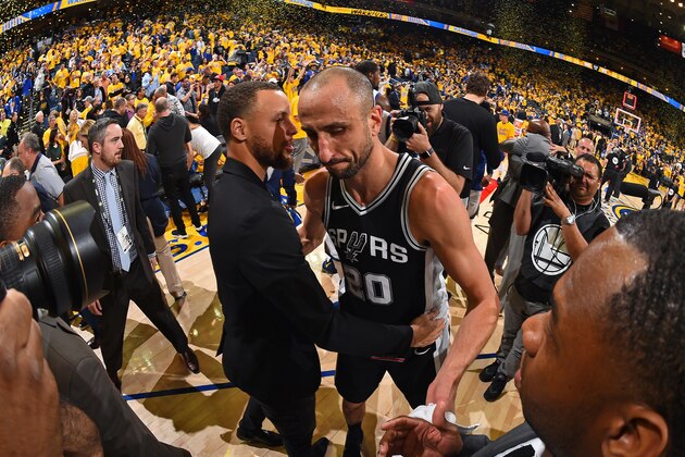 OAKLAND, CA - APRIL 24:  Stephen Curry #30 of the Golden State Warriors and Manu Ginobili #20 of the San Antonio Spurs exchange a hug after Game Five of Round One of the 2018 NBA Playoffs on April 24, 2018 at ORACLE Arena in Oakland, California. NOTE TO USER: User expressly acknowledges and agrees that, by downloading and or using this photograph, user is consenting to the terms and conditions of Getty Images License Agreement. Mandatory Copyright Notice: Copyright 2018 NBAE (Photo by Andrew D. Bernstein/NBAE via Getty Images)