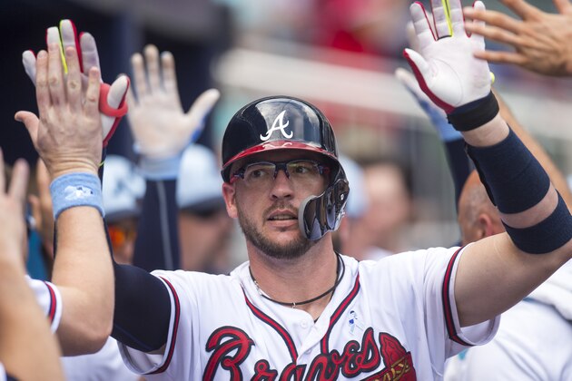ATLANTA, GA - JUNE 17: Tyler Flowers #25 of the Atlanta Braves celebrates in the dugout after scoring against the San Diego Padres at SunTrust Park on June 17, 2018, in Atlanta, Georgia. The Braves won 4-1. (Photo by Carl Fonticella/Beam Imagination/Atlanta Braves/Getty Images)
