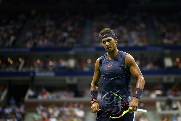 NEW YORK, NY - AUGUST 27:  Rafael Nadal of Spain reacts during his men's singles first round match against David Ferrer of Spain on Day One of the 2018 US Open at the USTA Billie Jean King National Tennis Center on August 27, 2018 in the Flushing neighborhood of the Queens borough of New York City.  (Photo by Alex Pantling/Getty Images)