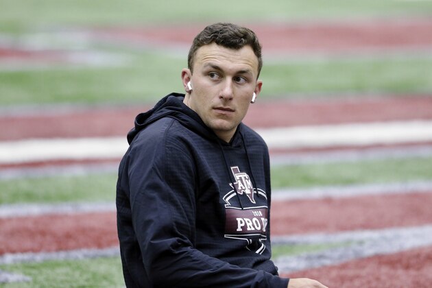 Former Cleveland Browns quarterback Johnny Manziel between drills at his alma mater during Texas A&M's football Pro Day in College Station, Texas, Tuesday, March 27, 2018. (AP Photo/Michael Wyke)