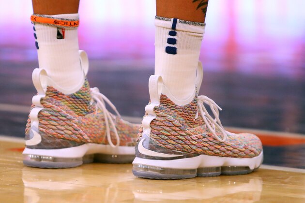 NEW YORK, NY - APRIL 09: A detail view of the Nike LeBron 15 sneakers worn by Michael Beasley #8 of the New York Knicks as he looks on during a foul shot against the Cleveland Cavaliers at Madison Square Garden on April 9, 2018 in New York City. NOTE TO USER: User expressly acknowledges and agrees that, by downloading and or using this photograph, User is consenting to the terms and conditions of the Getty Images License Agreement.  (Photo by Mike Lawrie/Getty Images)