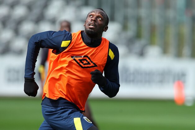 GOSFORD, AUSTRALIA - AUGUST 28:  Usain Bolt trains during a Central Coast Mariners training session at Central Coast Stadium on August 28, 2018 in Gosford, Australia.  (Photo by Tony Feder/Getty Images)