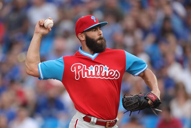 TORONTO, ON - AUGUST 24: Jake Arrieta #49 of the Philadelphia Phillies delivers a pitch in the first inning during MLB game action against the Toronto Blue Jays at Rogers Centre on August 24, 2018 in Toronto, Canada. (Photo by Tom Szczerbowski/Getty Images)