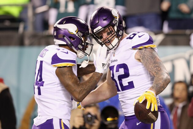 PHILADELPHIA, PA - JANUARY 21:  Kyle Rudolph #82 is congratulated by his teammate Stefon Diggs #14 of the Minnesota Vikings after scoring a first quarter touchdown against the Philadelphia Eagles in the NFC Championship game at Lincoln Financial Field on January 21, 2018 in Philadelphia, Pennsylvania.  (Photo by Patrick Smith/Getty Images)