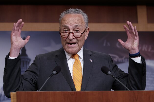 Senate Minority Leader Chuck Schumer, D-N.Y., criticizes President Donald Trump's performance during his side-by-side news conference with Russia's Vladimir Putin in Helsinki, as he speaks to reporters on Capitol Hill in Washington, Monday, July 16, 2018. Trump openly questioned his own intelligence agencies' conclusions that Moscow was to blame for meddling in the 2016 U.S. election to Trump's benefit. (AP Photo/J. Scott Applewhite)