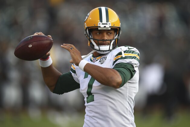 Green Bay Packers quarterback Brett Hundley (7) warms up before an NFL preseason football game against the Oakland Raiders in Oakland, Calif., Friday, Aug. 24, 2018. (AP Photo/Ben Margot)