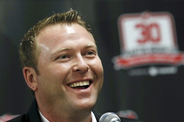 Former New Jersey Devils star goalie Martin Brodeur smiles as he talks about his career with the Devils during a news conference at the Prudential Center arena Tuesday, Feb. 9, 2016, in Newark, N.J. The Devils will retire Brodeur's No. 30 jersey Tuesday night before an NHL hockey game against the Edmonton Oilers. (AP Photo/Mel Evans)