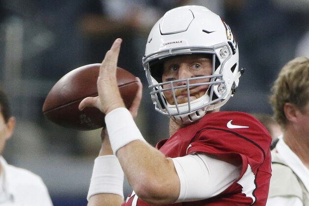 Arizona Cardinals quarterback Mike Glennon (7) throws during warms up before a preseason NFL football game against the Dallas Cowboys in Arlington, Texas, Sunday, Aug. 26, 2018. (AP Photo/Michael Ainsworth)