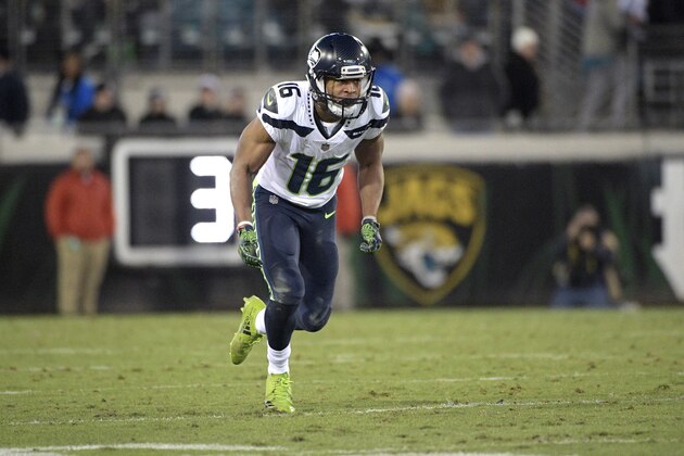 Seattle Seahawks wide receiver Tyler Lockett (16) runs a route during the second half of an NFL football game against the Jacksonville Jaguars Sunday, Dec. 10, 2017, in Jacksonville, Fla. The Jaguars won 30-24. (AP Photo/Phelan M. Ebenhack)