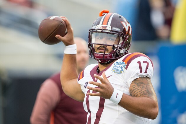 ORLANDO, FL - DECEMBER 28: Quarterback Josh Jackson #17 of the Virginia Tech Hokies prior to their game against the Oklahoma State Cowboys on December 28, 2017 at Camping World Stadium in Orlando, Florida. (Photo by Michael Chang/Getty Images)