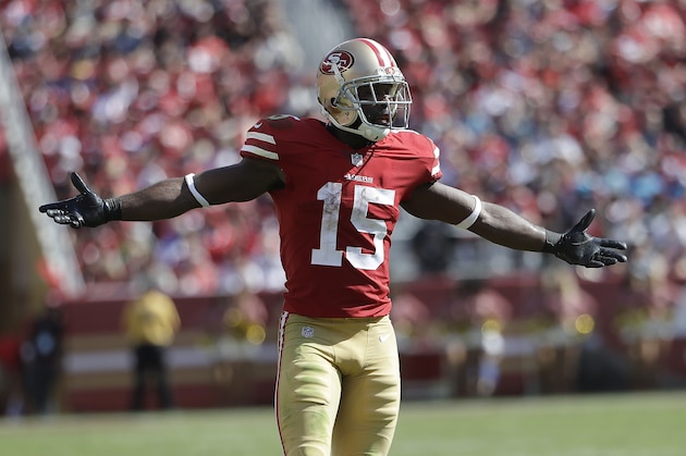 FILE - In this Sept. 10, 2017, file photo, San Francisco 49ers wide receiver Pierre Garcon (15) gestures during the second half of an NFL football game against the Carolina Panthers, in Santa Clara, Calif. Garcon spent the past five seasons with the Washington Redskins. He's still looking for his first touchdown with San Francisco. The 49ers play at the Redskins on Sunday.  (AP Photo/Marcio Jose Sanchez, File)