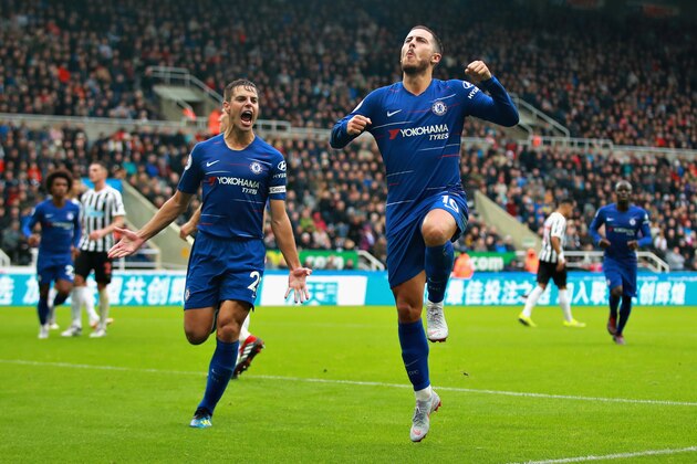 NEWCASTLE UPON TYNE, ENGLAND - AUGUST 26:  Eden Hazard of Chelsea celebrates scoring his sides first goal during the Premier League match between Newcastle United and Chelsea FC at St. James Park on August 26, 2018 in Newcastle upon Tyne, United Kingdom.  (Photo by Chris Brunskill/Fantasista/Getty Images)