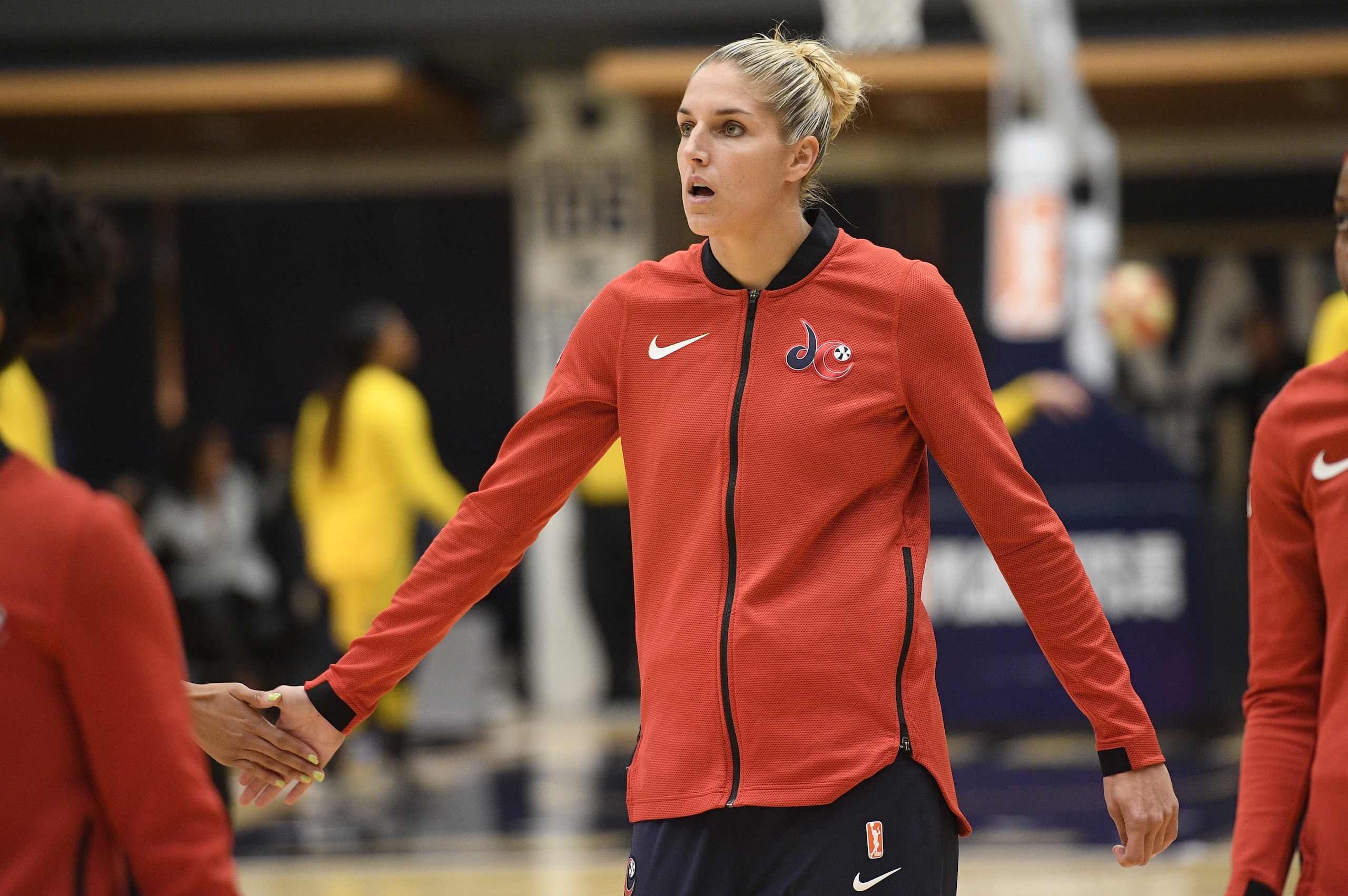 Washington Mystics guard Elena Delle Donne warms up before a single elimination WNBA basketball playoff game against the Los Angeles Sparks, Thursday, Aug. 23, 2018, in Washington. (AP Photo/Nick Wass)