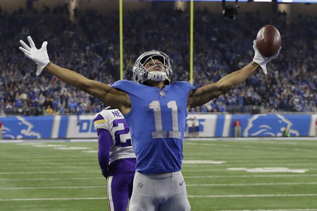 Detroit Lions wide receiver Marvin Jones reacts after scoring a touchdown during the second half of an NFL football game against the Minnesota Vikings, Thursday, Nov. 23, 2017, in Detroit. (AP Photo/Duane Burleson)