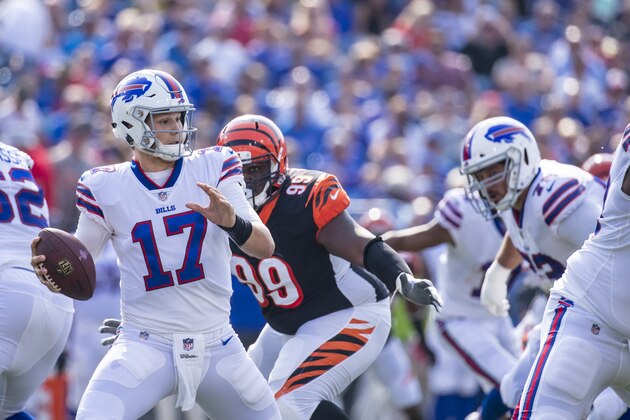 ORCHARD PARK, NY - AUGUST 26:  Josh Allen #17 of the Buffalo Bills moves in the pocket during the first quarter against the Cincinnati Bengals at New Era Field on August 26, 2018 in Orchard Park, New York. Cincinnati defeats Buffalo 26-13 in the preseason matchup. (Photo by Brett Carlsen/Getty Images)