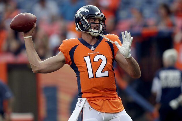 Denver Broncos quarterback Paxton Lynch (12) warms up prior to a preseason NFL football game against the Chicago Bears, Saturday, Aug. 18, 2018, in Denver. (AP Photo/Jack Dempsey)