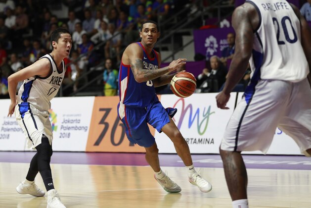 Philippines' Jordan Clarkson, center, plays against South Korea's Jeon Jun-beom, left, during the men's basketball competition at the 18th Asian Games in Jakarta, Indonesia, Monday, Aug. 27, 2018. (AP Photo/Dita Alangkara)