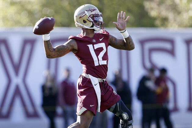 TALLAHASSEE, FL - MARCH 21: Quarterback Deondre Francois #12 of the Florida State Seminoles throws a pass  during the first day of spring practice at the Albert J. Dunlap Athletic Training Facility on March 21, 2018 in Tallahassee, Florida. (Photo by Don Juan Moore/Getty Images)
