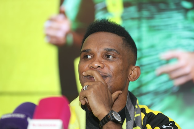Cameroonian forward Samuel Eto'o attends a press conference after signing a one year contract to play for Qatar Sports Club football team, in Doha on August 14, 2018. - Veteran Cameroon star Samuel Eto'o has signed for Qatar league side, Qatar Sports Club, it was announced August 14, just days after he ended a brief stay at Turkish side Konyaspor. (Photo by KARIM JAAFAR / AFP)        (Photo credit should read KARIM JAAFAR/AFP/Getty Images)