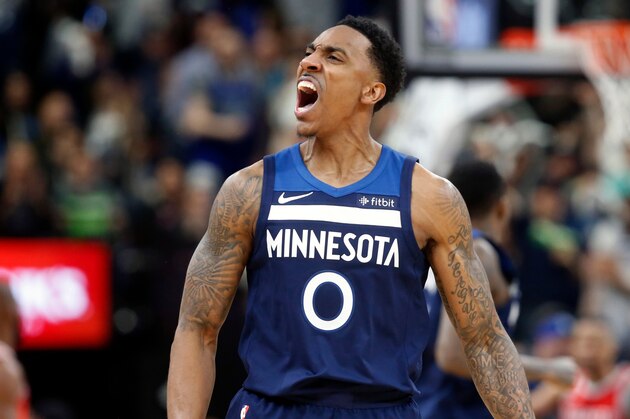 Minnesota Timberwolves' Jeff Teague celebrates a basket during the second half of Game 3 of the team's NBA basketball first-round playoff series against the Houston Rockets on Saturday, April 21, 2018, in Minneapolis. The Timberwolves won 121-105. (AP Photo/Jim Mone)