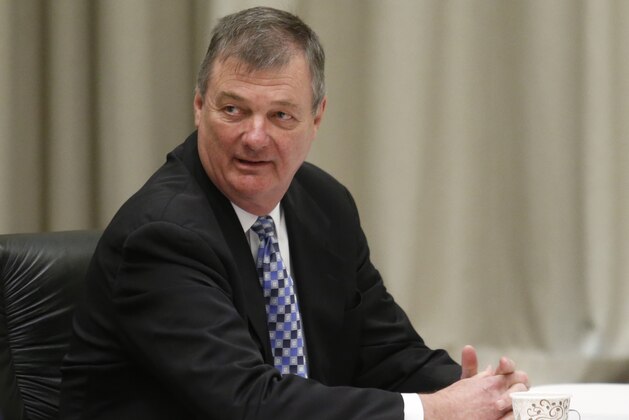 Ohio State University trustee Jeffrey Wadsworth is seen during a meeting of Ohio State University trustees to discuss the future of NCAA college football coach Urban Meyer in Columbus, Ohio, Wednesday, Aug. 22, 2018. Ohio State suspended Meyer on Wednesday for three games for mishandling domestic violence accusations, punishing one of the sport's most prominent leaders for keeping an assistant on staff for several years after the coach's wife accused him of abuse. (AP Photo/Paul Vernon)