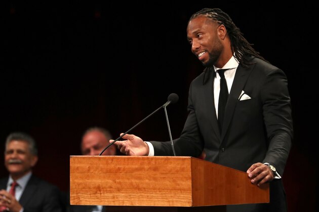 PHOENIX, ARIZONA - AUGUST 30:   Wide Receiver for the Arizona Cardinals Larry Fitzgerald speaks during a memorial service to celebrate the life of of U.S. Sen. John McCain at the North Phoenix Baptist Church on August 30, 2018 in Phoenix, Arizona. Thousands are expected for the memorial which will include tributes and readings for the late senator who died August 25 at the age of 81 after a long battle with Glioblastoma, a form of brain cancer.  (Photo by Justin Sullivan/Getty Images)