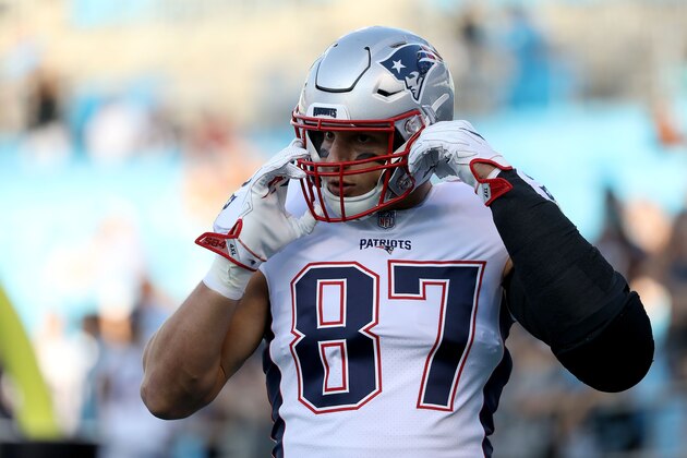 CHARLOTTE, NC - AUGUST 24:  Rob Gronkowski #87 of the New England Patriots warms up before their game against the Carolina Panthers at Bank of America Stadium on August 24, 2018 in Charlotte, North Carolina.  (Photo by Streeter Lecka/Getty Images)