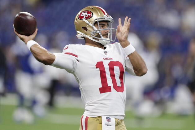 San Francisco 49ers quarterback Jimmy Garoppolo (10) throws before an NFL preseason football game against the Indianapolis Colts in Indianapolis, Saturday, Aug. 25, 2018. (AP Photo/Michael Conroy)