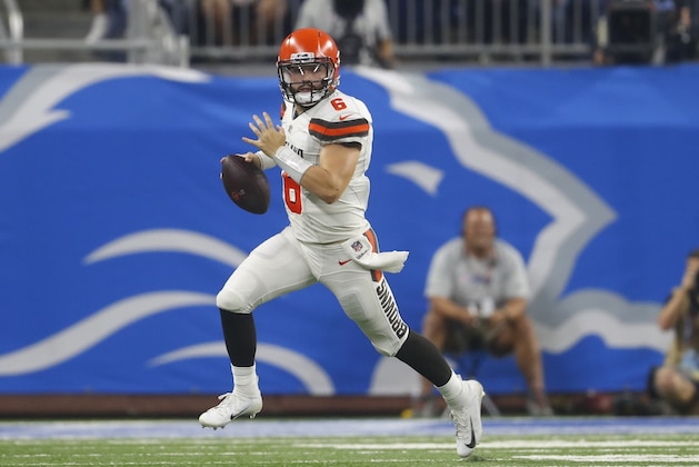 Cleveland Browns quarterback Baker Mayfield scrambles during the first half of an NFL football preseason game against the Detroit Lions, Thursday, Aug. 30, 2018, in Detroit. (AP Photo/Paul Sancya)