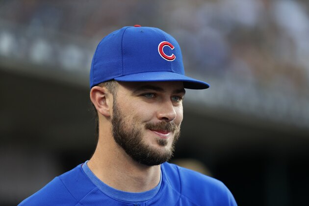 Chicago Cubs' Kris Bryant smiles in the dugout in the third inning of a baseball game against the Detroit Tigers in Detroit, Tuesday, Aug. 21, 2018. (AP Photo/Paul Sancya)