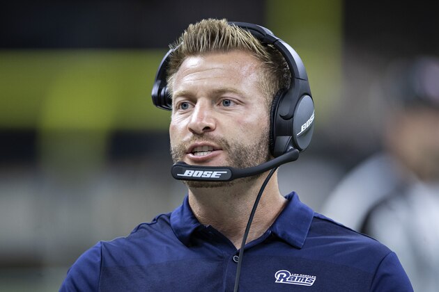 NEW ORLEANS, LA - AUGUST 30:  Head Coach Sean McVay of the Los Angeles Rams on the sidelines during a game against the New Orleans Saints at Mercedes-Benz Superdome during week 4 of the preseason on August 30, 2018 in New Orleans, Louisiana.  (Photo by Wesley Hitt/Getty Images)