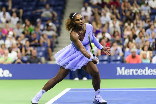 NEW YORK, NY - AUGUST 29: Serena Williams of the United States in action against Carina Witthoeft of Germany while wearing a tennis outfit designed by Virgil Abloh and designed in conjunction with Nike, in the second round of the US Open at the USTA Billie Jean King National Tennis Centre on August 28, 2018 in New York City, United States. (Photo by TPN/Getty Images)'n'n'n