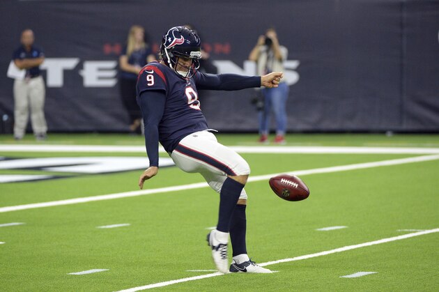 Houston Texans punter Shane Lechler (9) punts against the Dallas Cowboys during the first half of a preseason NFL football game Thursday, Aug. 30, 2018, in Houston. (AP Photo/George Bridges)