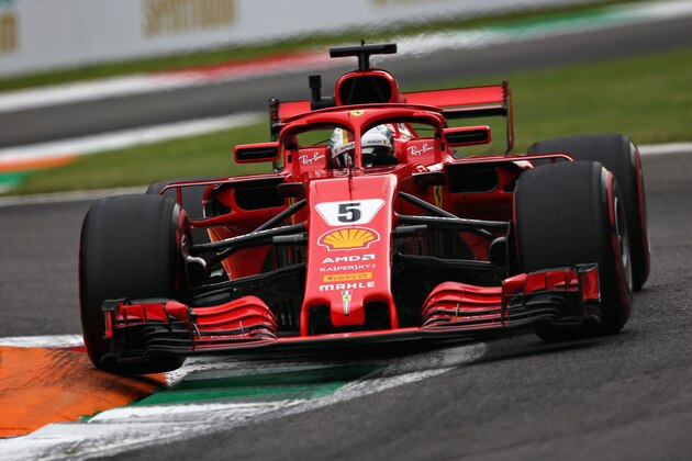 MONZA, ITALY - AUGUST 31: Sebastian Vettel of Germany driving the (5) Scuderia Ferrari SF71H on track during practice for the Formula One Grand Prix of Italy at Autodromo di Monza on August 31, 2018 in Monza, Italy.  (Photo by Charles Coates/Getty Images)