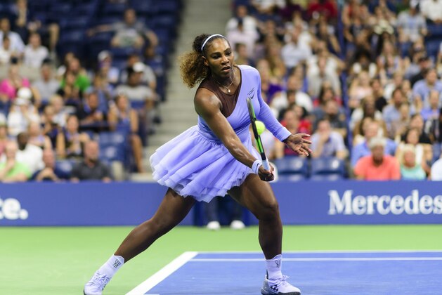 NEW YORK, NY - AUGUST 29: Serena Williams of the United States in action against Carina Witthoeft of Germany while wearing a tennis outfit designed by Virgil Abloh and designed in conjunction with Nike, in the second round of the US Open at the USTA Billie Jean King National Tennis Centre on August 28, 2018 in New York City, United States. (Photo by TPN/Getty Images)'n'n'n