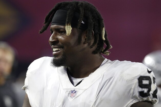 Oakland Raiders defensive end Mario Edwards (97) during an NFL preseason football game against the Arizona Cardinals, Saturday, Aug. 12, 2017, in Glendale, Ariz. (AP Photo/Rick Scuteri)