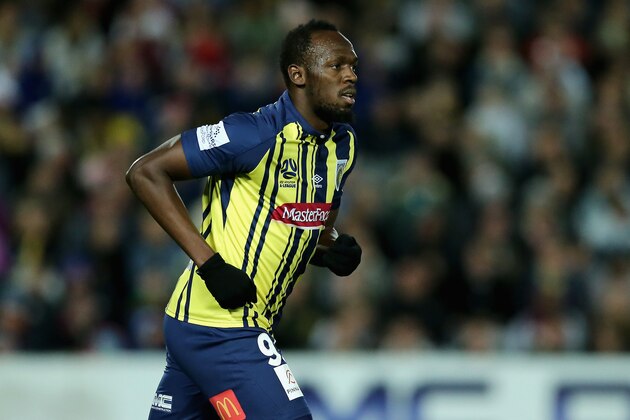 GOSFORD, AUSTRALIA - AUGUST 31:  Usain Bolt reacts during the pre-season match between the Central Coast Mariners and Central Coast Football at Central Coast Stadium on August 31, 2018 in Gosford, Australia.  (Photo by Ashley Feder/Getty Images)