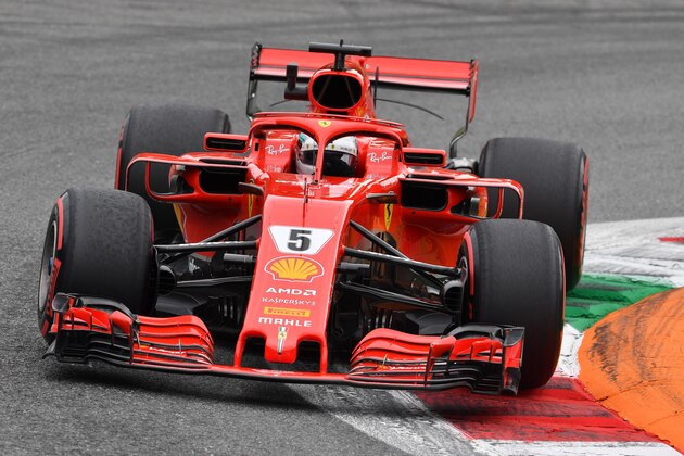 Ferrari's German driver Sebastian Vettel drives during the second practice session at the Autodromo Nazionale circuit in Monza on August 31, 2018 ahead of the Italian Formula One Grand Prix. (Photo by Andrej ISAKOVIC / AFP)        (Photo credit should read ANDREJ ISAKOVIC/AFP/Getty Images)